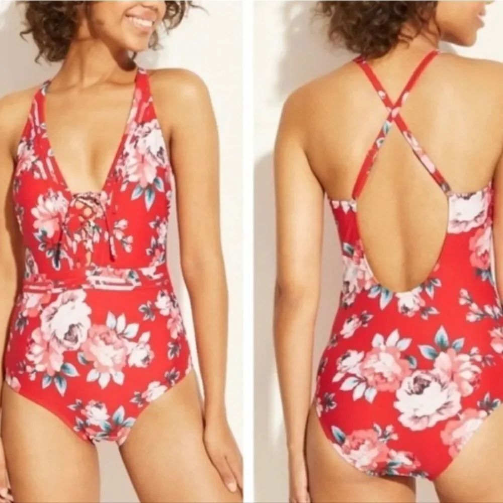 Merona Lace Up Floral One Piece Swimsuit